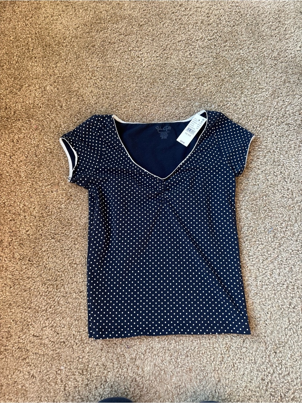 John Galt Navy Polka Dot V-Neck Tee with White Trim